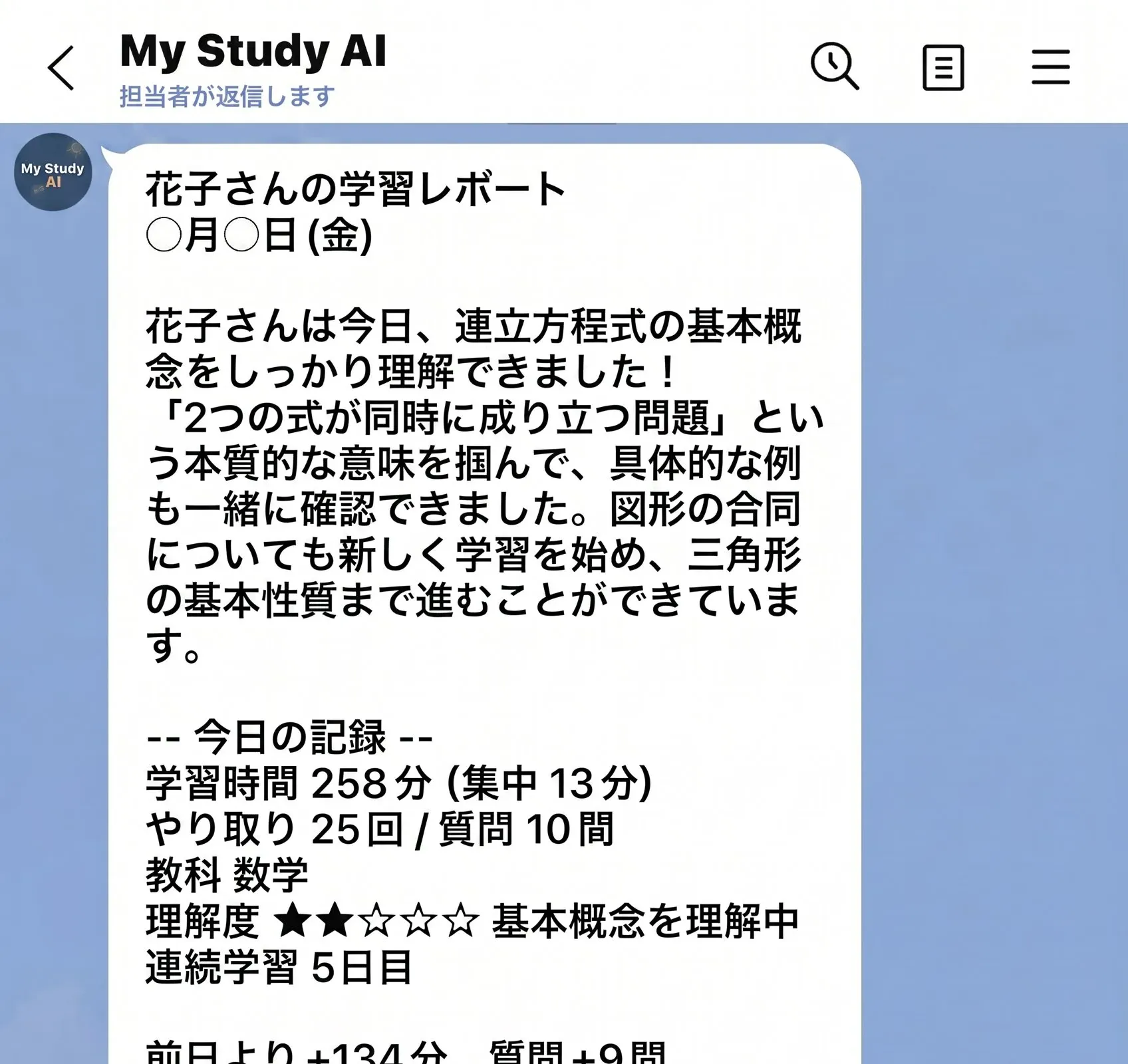 LINE 公式アカウントから保護者へ届く実際の学習レポート例 (氏名・日付は匿名化サンプル)